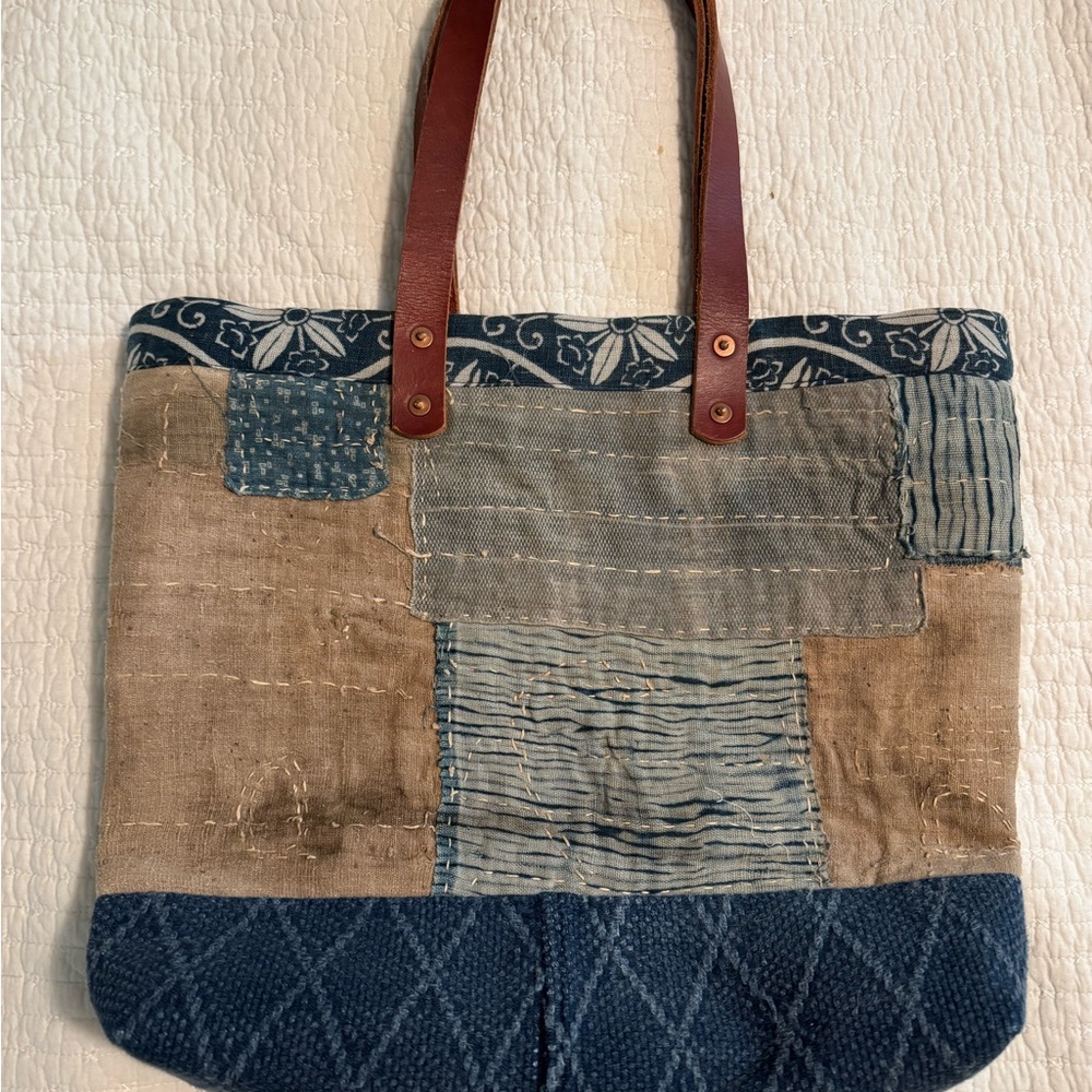Old Industrial Japan Tote Bag Vintage Indigo Noragi Handcrafted Leather Straps